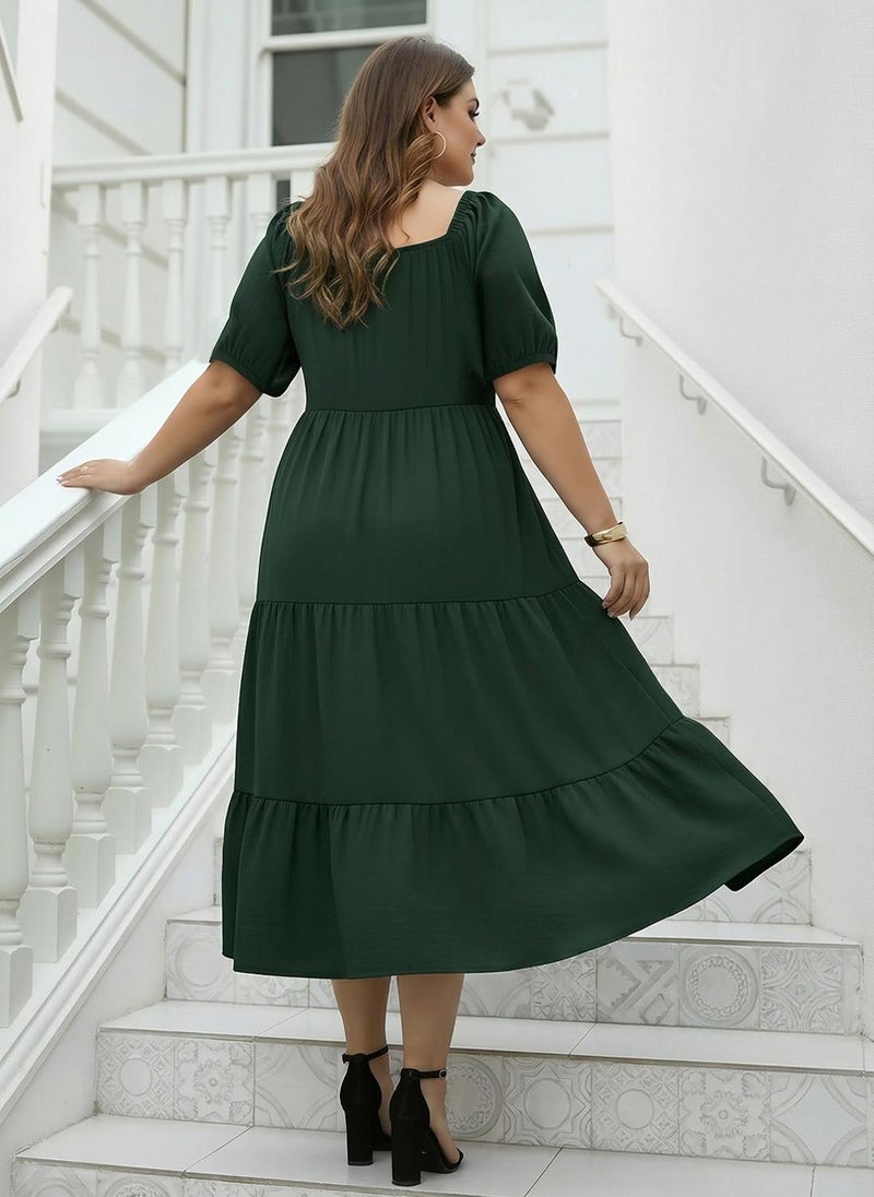 Globus Gloplus Women Olive Sweetheart Neck Puff Sleeves Self Design Ruched Detail Tiered Midi Plus Size A-Line Dress - Image 4